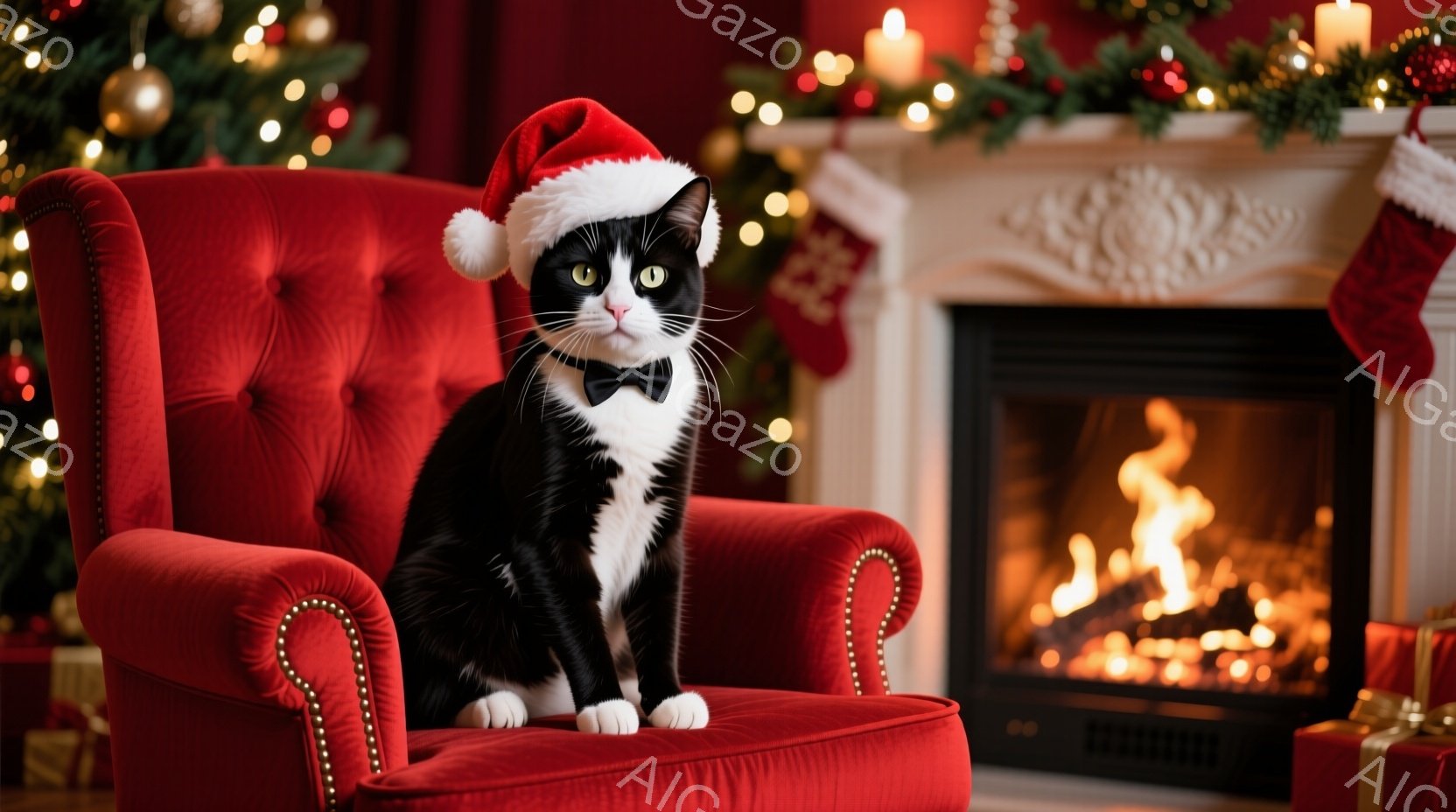 白と黒の猫が赤い肘掛け椅子に座っており、頭にはサンタの帽子をかぶっています。背景にはクリスマスツリーや暖炉があり、プレゼントボックスが置かれています。全体的に、暖かく、お祝いムードにあふれたクリスマスの雰囲気です。