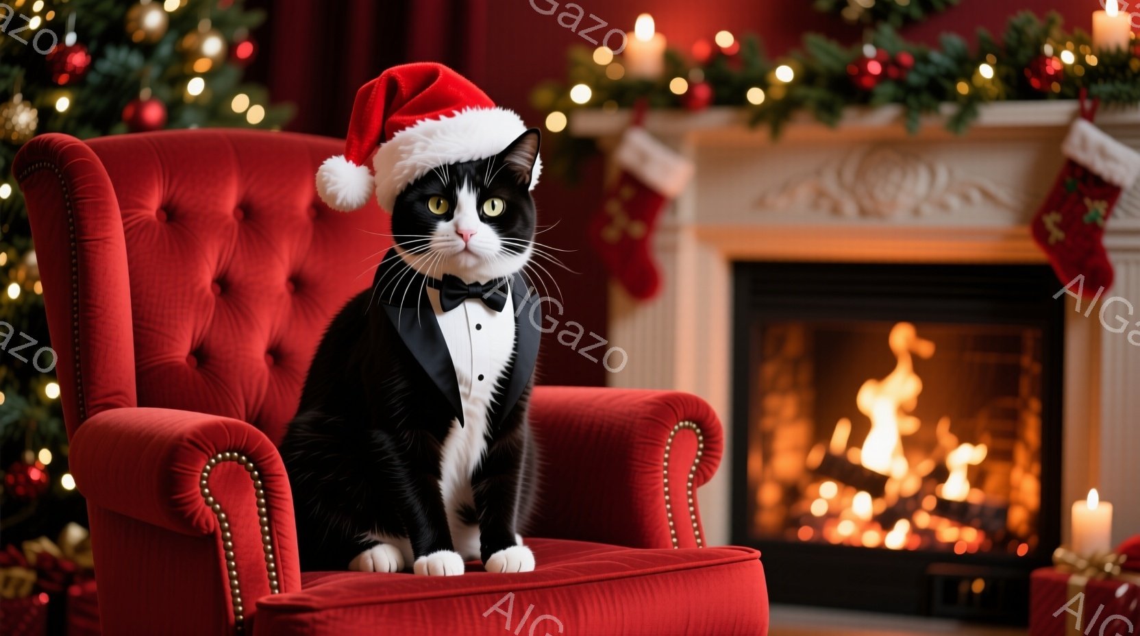 白黒の猫が赤いベルベットの肘掛け椅子に座っており、クリスマスツリーの飾りと暖炉の炎を背景にしています。猫は蝶ネクタイとサンタ帽を着用し、正面を見て穏やかな表情をしています。背景にはクリスマスツリーのキラキラした飾り、暖炉の温かい光、そしてプレゼント箱が見え、温かくお祝いの雰囲気を醸し出しています。