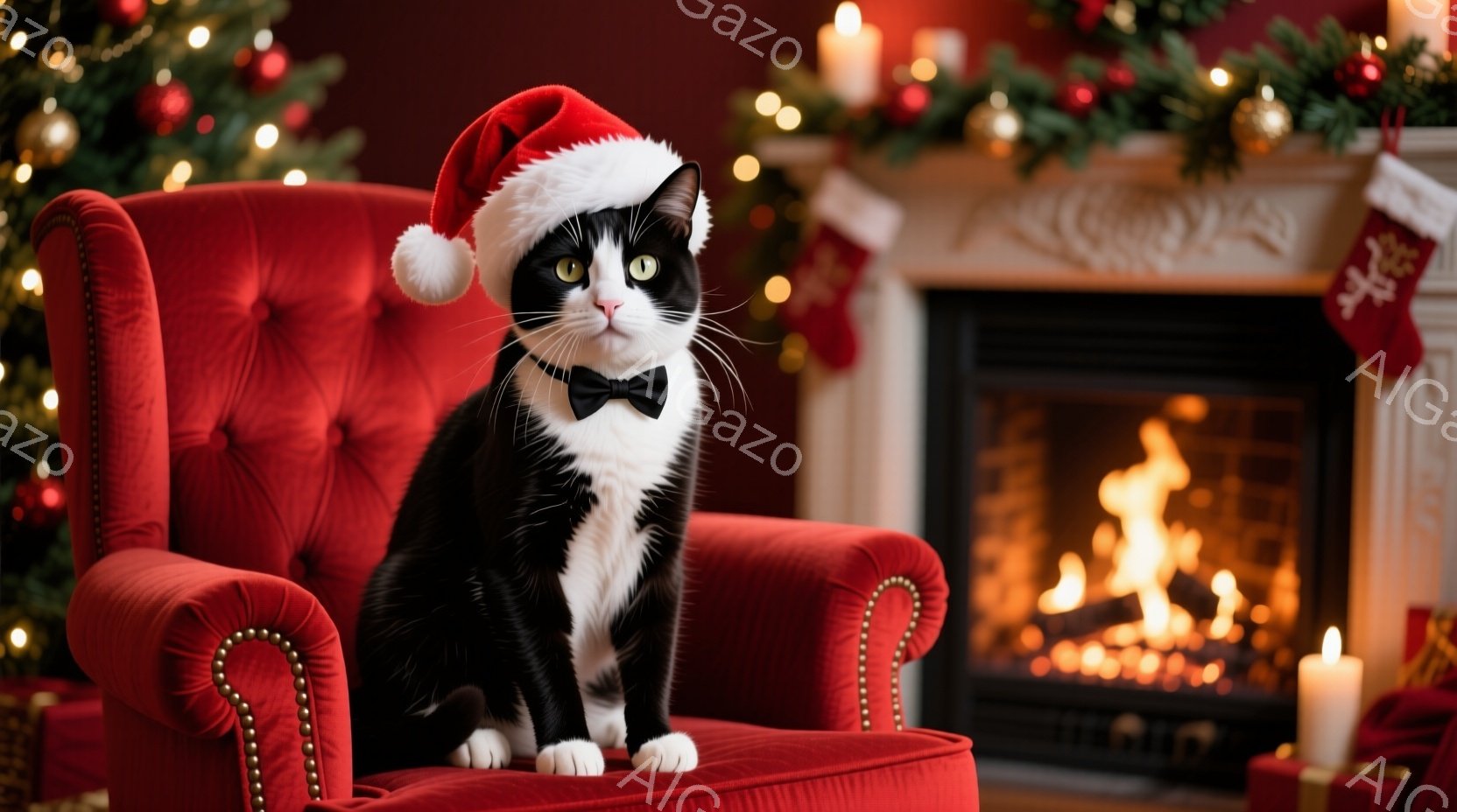白と黒の猫が赤い肘掛け椅子に座っており、クリスマスツリーと暖炉を背景にしています。猫は小さな黒い蝶ネクタイとサンタ帽を身に着け、少し驚いたような表情で正面を見ています。暖炉は燃え盛っており、部屋全体が - AI生成フリー素材