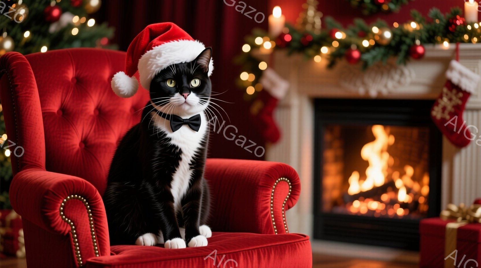 白黒の猫が赤い肘掛け椅子に座っており、クリスマスのサンタ帽と蝶ネクタイを身に着けています。背景には暖炉の炎、クリスマスツリーの飾り、プレゼントの箱が見え、全体的に暖かく、お祝いの雰囲気です。猫はカメラ - AI生成フリー素材