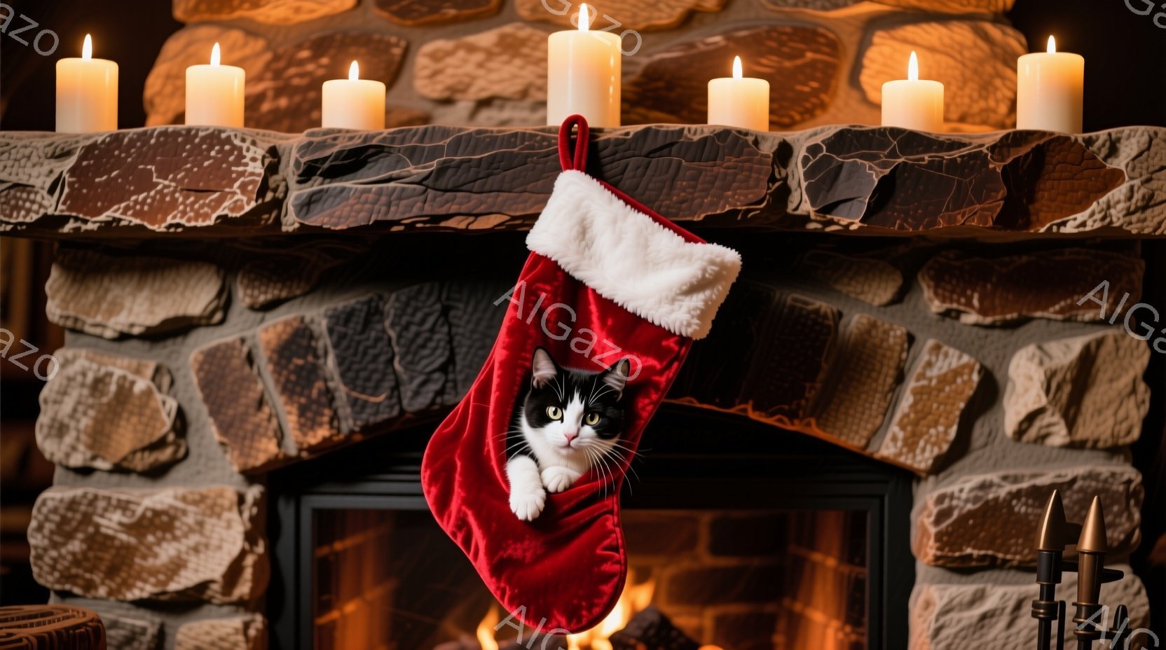 赤いクリスマスストッキングの中に、白黒の猫が顔を出しています。猫は少し驚いたような表情で、ストッキングの縁に前足をかけ、こちらを見ています。背景には石造りの暖炉があり、炎が燃え、その上にキャンドルが並 - AI生成フリー素材