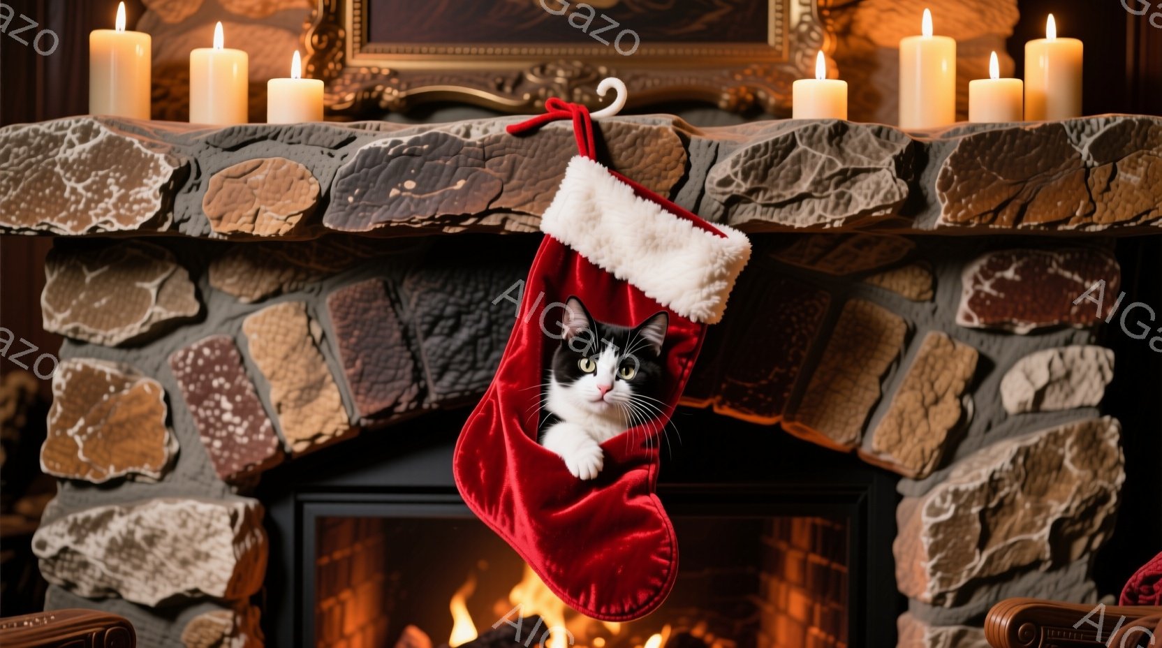 赤いクリスマスストッキングの中から、白と黒の猫が顔を出しています。猫は少し驚いたような表情で、好奇心旺盛そうにこちらを見ています。ストッキングは暖炉のレンガ壁に掛けられており、暖炉の中には炎が燃え、ク - AI生成フリー素材