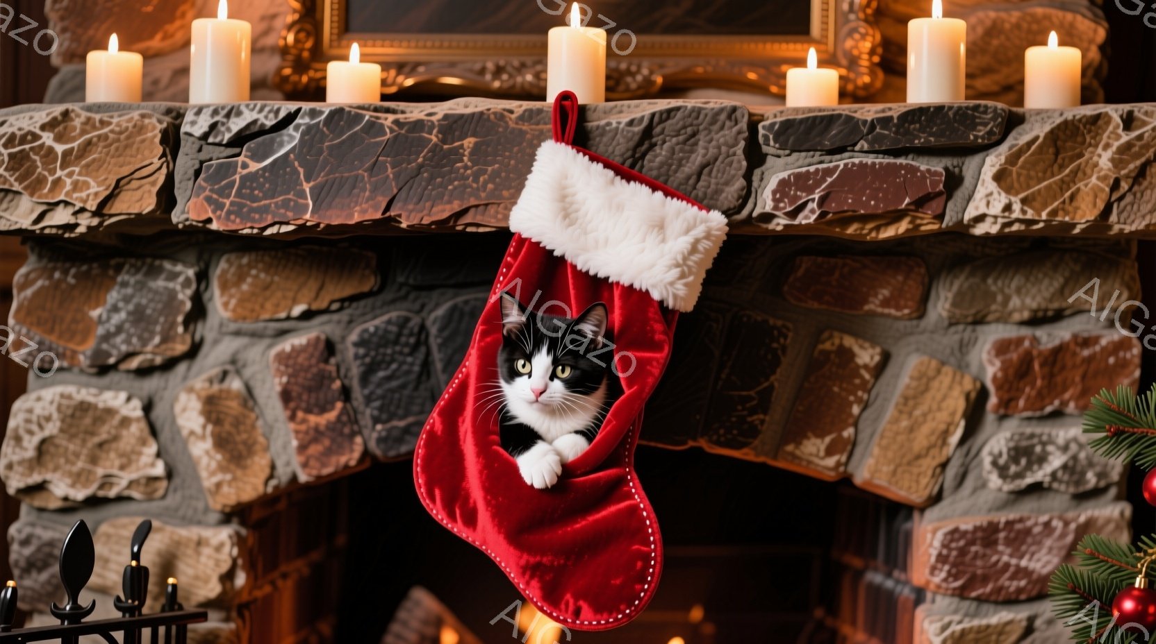 赤いクリスマスストッキングの中に、白黒模様の猫が顔を出しています。猫は少し驚いたような表情で、前足をストッキングの縁にかけ、好奇心旺盛な様子が伺えます。背景は暖炉の石壁で、周りにはキャンドルが灯り、温 - AI生成フリー素材
