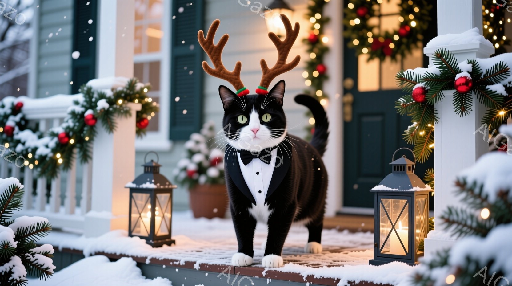 白と黒の猫が、クリスマスのトナカイの角と蝶ネクタイをつけて、家の玄関のステップに立っています。背景には、クリスマスリースやイルミネーションで飾られた家があり、雪が降っています。全体的に、遊び心のあるお - AI生成フリー素材
