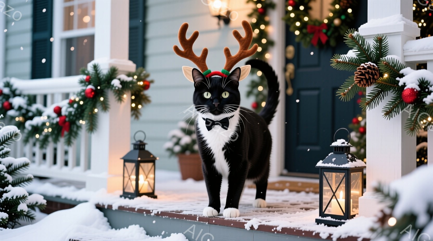 黒と白の猫が、クリスマスの角の飾りと蝶ネクタイを身につけて、雪の降る家のポーチに立っている。背景には、クリスマスツリーの飾りが施された玄関ドアと、キャンドルが灯されたランタンが配置され、冬の暖かい雰囲気が漂っている。雪がちらつき、全体的に穏やかで可愛らしい印象を与える写真である。