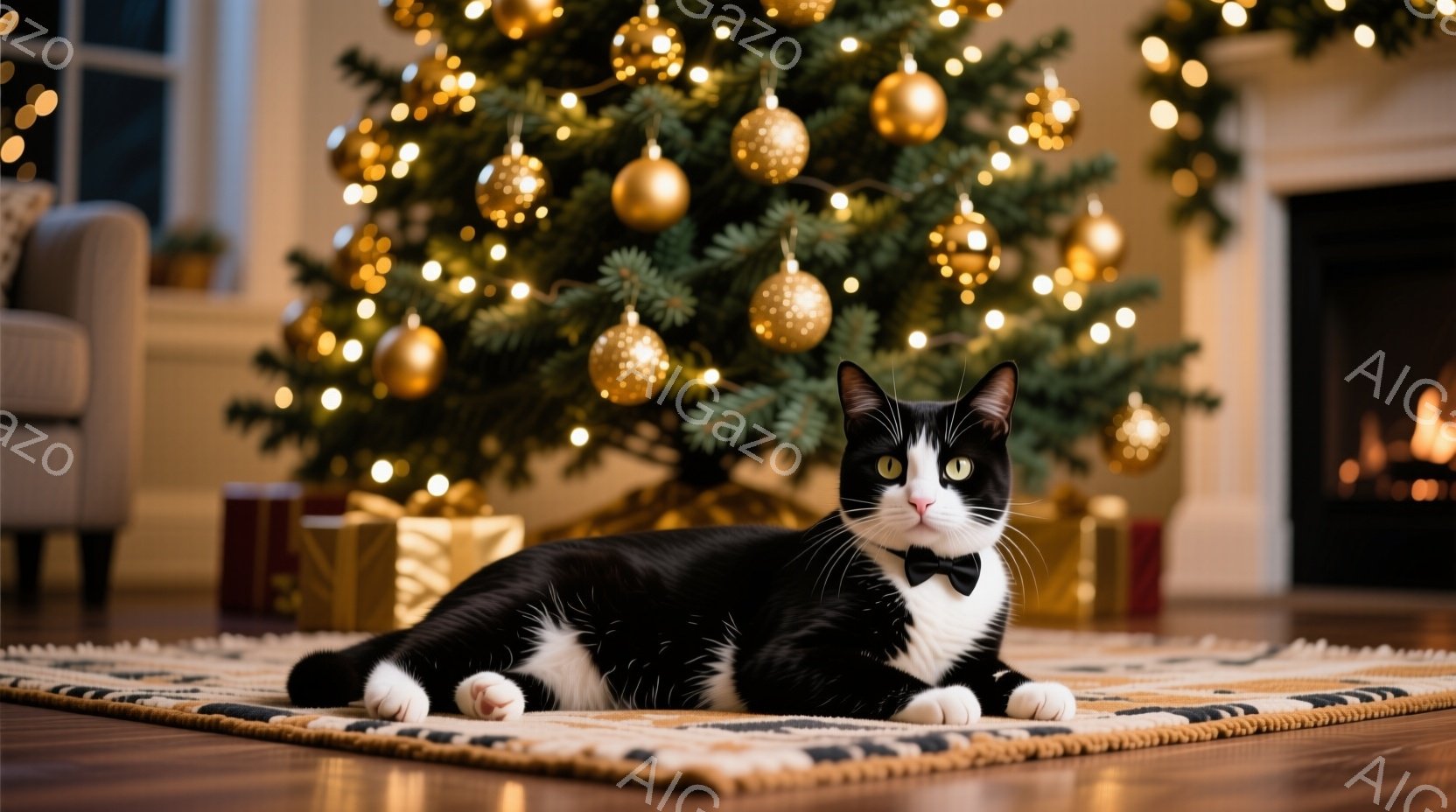 白と黒の猫が、クリスマスツリーの前に置かれたラグの上で横たわっています。黒い蝶ネクタイを身に着け、リラックスした表情でカメラを見つめています。背景には、光り輝くクリスマスツリーとプレゼント、暖炉の火が - AI生成フリー素材