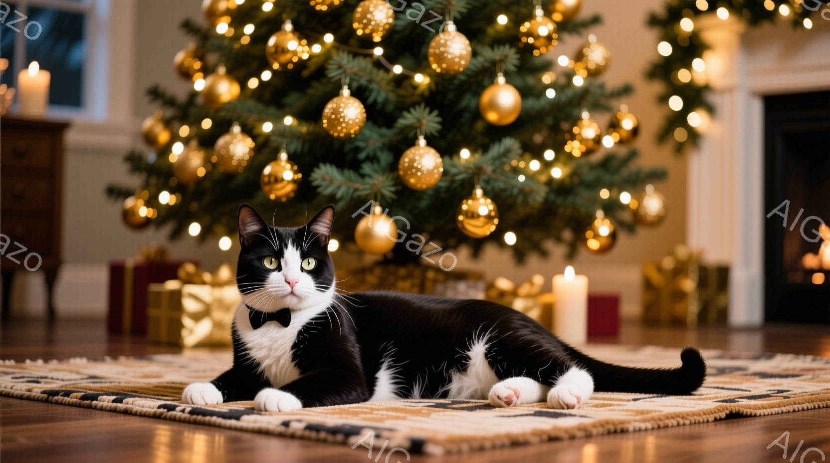 白と黒の猫が、クリスマスの装飾が施された部屋の敷物の上に横たわっています。黒い蝶ネクタイをつけ、自信に満ちた表情で正面を見ています。背景には、金色のオーナメントで飾られたクリスマスツリーと、暖炉の光が灯る室内がぼやけて見え、温かく祝祭的な雰囲気を醸し出しています。