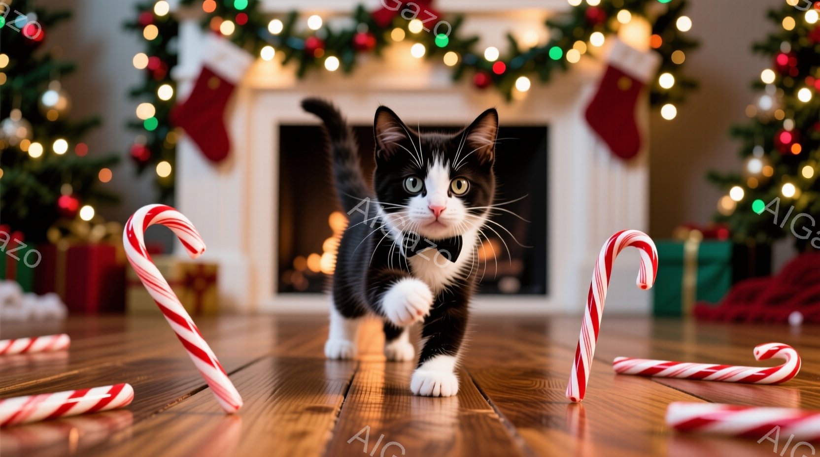 白と黒の縞模様の小さな子猫が、クリスマスの飾り付けられた部屋の木の床の上を歩いています。子猫は蝶ネクタイを着用し、少し驚いたような表情で正面を見ています。背景には、暖炉、クリスマスストッキング、プレゼントボックス、そしてきらめくクリスマスライトで華やかに飾られたクリスマスツリーが見え、温かくお祝いの雰囲気です。