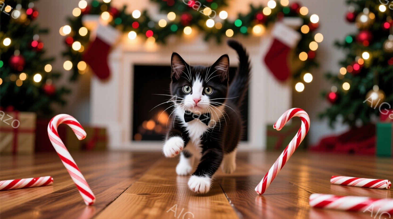 白と黒の縞模様の小さな子猫が、クリスマスツリーや暖炉のある部屋の木製の床の上を歩いています。子猫は首に蝶ネクタイをつけ、前足を伸ばして活発に歩いている様子です。背景には、カラフルなオーナメントで飾られ - AI生成フリー素材