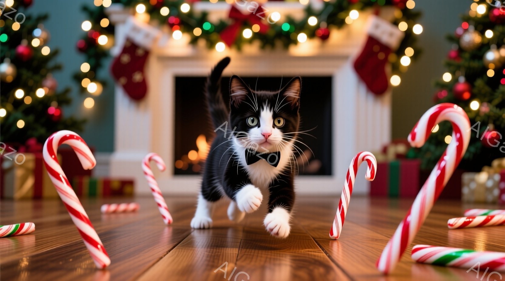 白と黒の毛並みを持つ子猫が、赤い蝶ネクタイをつけ、木の床の上を駆け抜けています。背景には、暖炉、クリスマスストッキング、プレゼント、そして光るクリスマスツリーがあり、クリスマスの装飾が施されています。 - AI生成フリー素材