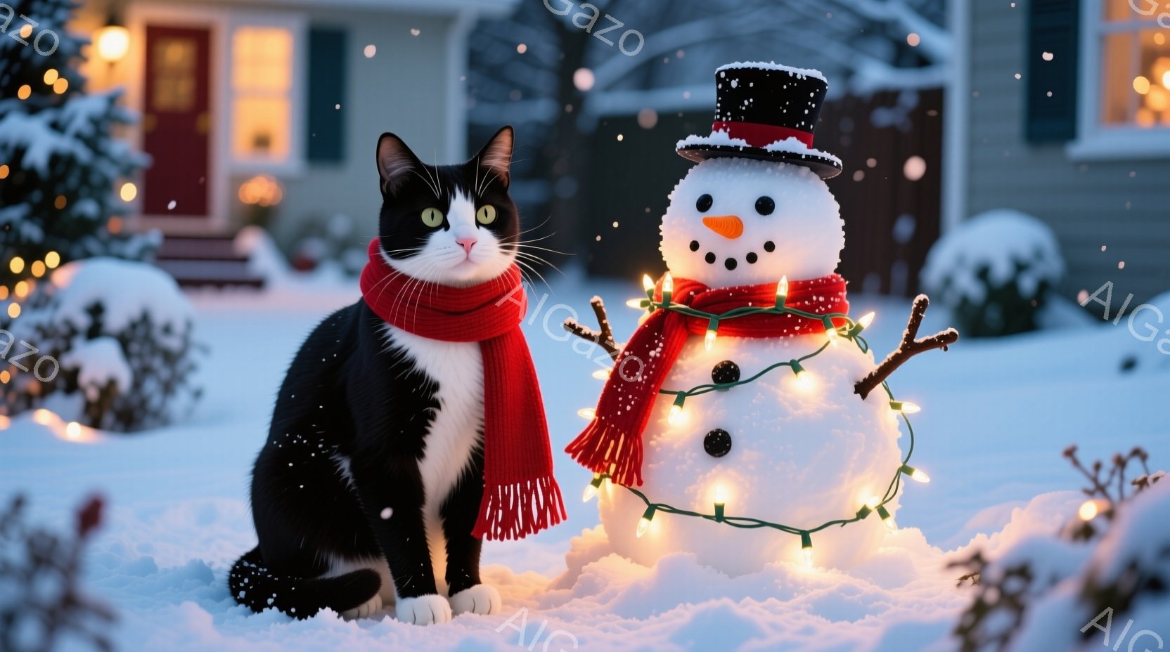 白と黒の猫が赤いマフラーを巻いて雪の上に座っており、その隣にはクリスマスライトで飾られた雪だるまが立っています。背景には雪で覆われた家が見え、遠くにはぼんやりとした光が灯っており、冬の穏やかな夜の雰囲 - AI生成フリー素材