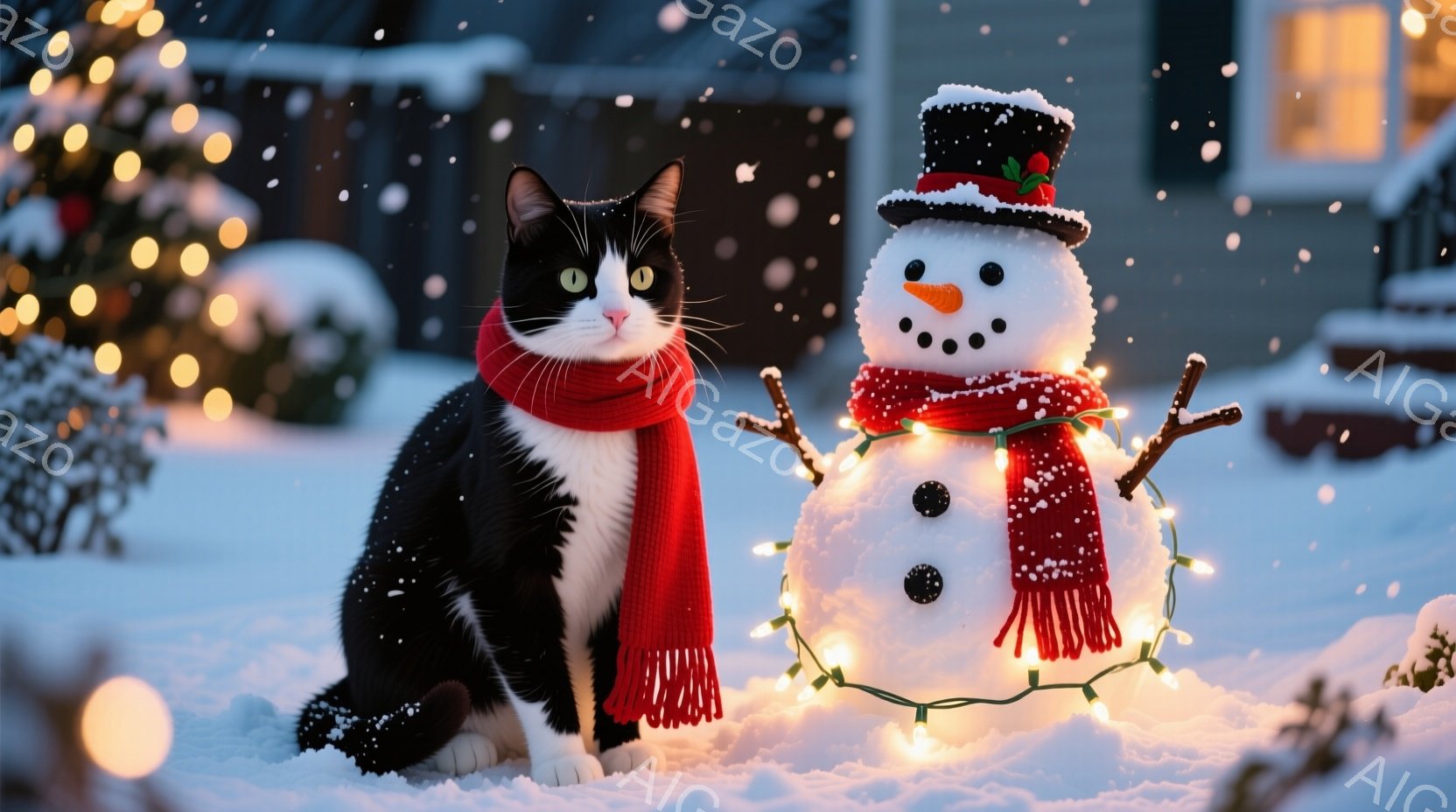 白と黒の猫が赤いマフラーを巻いて雪の上に座っており、隣にはイルミネーションで飾られた雪だるまが立っています。背景には、明るい光で飾られたクリスマスツリーや、雪が降る暗い建物が見え、冬の暖かい雰囲気を醸 - AI生成フリー素材