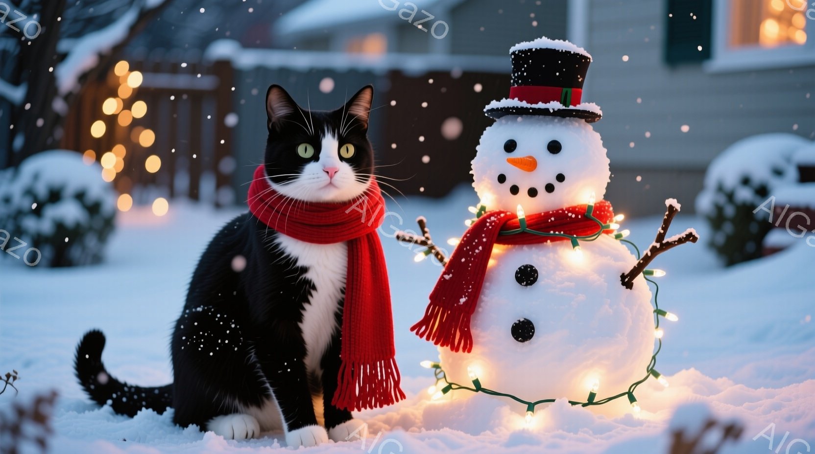 白と黒の猫が赤いマフラーを巻いて雪の上に座っており、正面には雪だるまが立っている。雪だるまは、帽子をかぶり、オレンジ色の鼻と炭で作られた目と口を持ち、イルミネーションライトで飾られている。背景には雪に - AI生成フリー素材