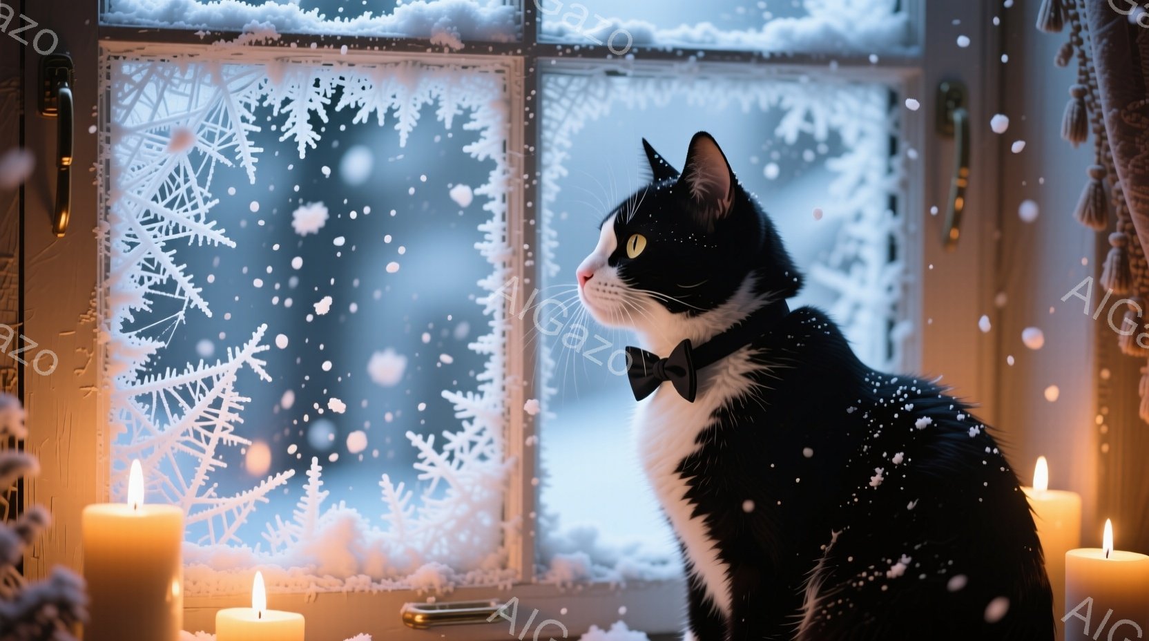 白と黒の猫が窓辺に座り、遠くを見つめている。窓には雪の結晶模様が描かれており、外は雪が降っている様子が伺える。暖色のキャンドルが数本置かれ、穏やかで冬らしい雰囲気を醸し出している。 - AI生成フリー素材