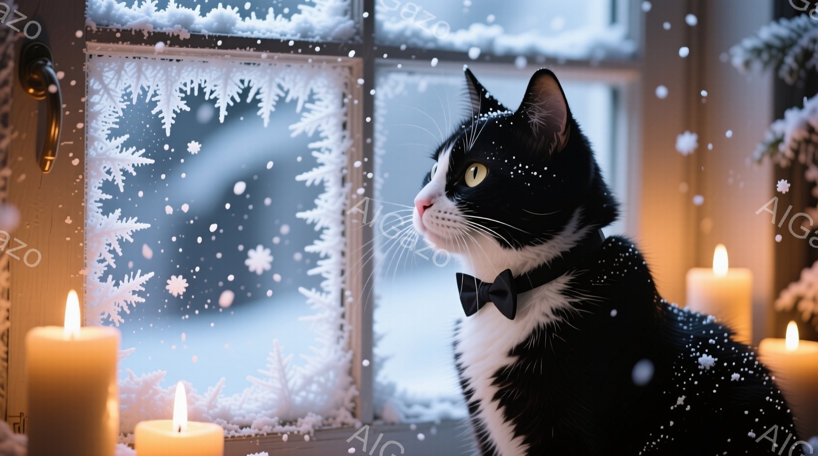 白と黒の猫が窓辺に座り、外を眺めている。猫は黒い蝶ネクタイを付けており、少し上目遣いでどこか物憂げな表情をしている。背景には雪が降り積もる冬の景色が広がり、暖かく光るキャンドルが猫を照らし、穏やかで幻 - AI生成フリー素材