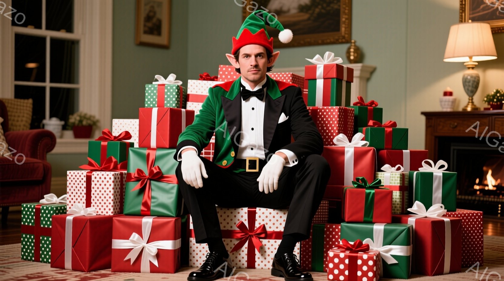 男性はクリスマスツリーの飾りではない緑色の帽子と、黒いタキシードに緑色の襟のついたフォーマルな服装をしています。彼は、リボンで飾られた多くのクリスマスプレゼントの山に座って、両手でズボンをつかんで落ち着いた姿勢をとっています。背景には暖炉や絵画が見え、豪華な室内でクリスマスの雰囲気を醸し出しています。