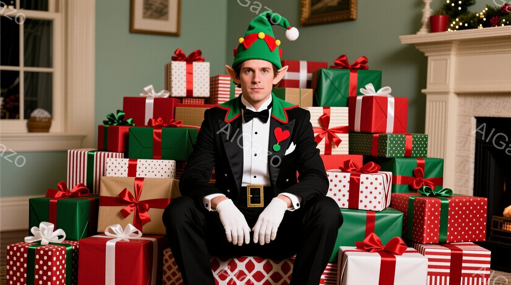 緑色のエルフの帽子をかぶり、黒いタキシードと白い手袋を着た男性が写っています。彼はプレゼントの山に囲まれ、少し無表情な顔で座っており、やや皮肉めいた雰囲気を醸し出しています。背景には、暖炉と窓があり、全体的にクリスマスの豪華さと少し風変わりな雰囲気が混ざり合っています。