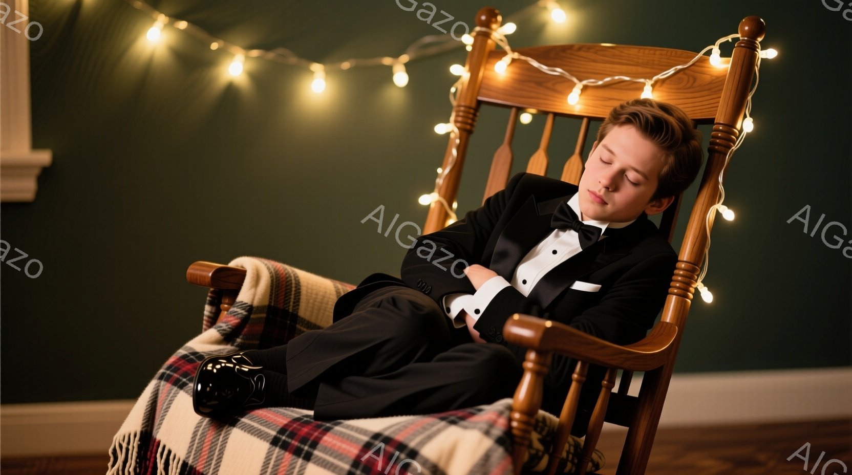 若い男性がロッキングチェアに横たわり、眠っている様子が写っている。彼は黒いタキシード、白いシャツ、蝶ネクタイを身に着けており、足元には黒い靴が履かれている。背景は暗い壁で、頭上には暖かい光を放つストリングライトが飾られ、全体的にリラックスした、夢のような雰囲気を醸し出している。