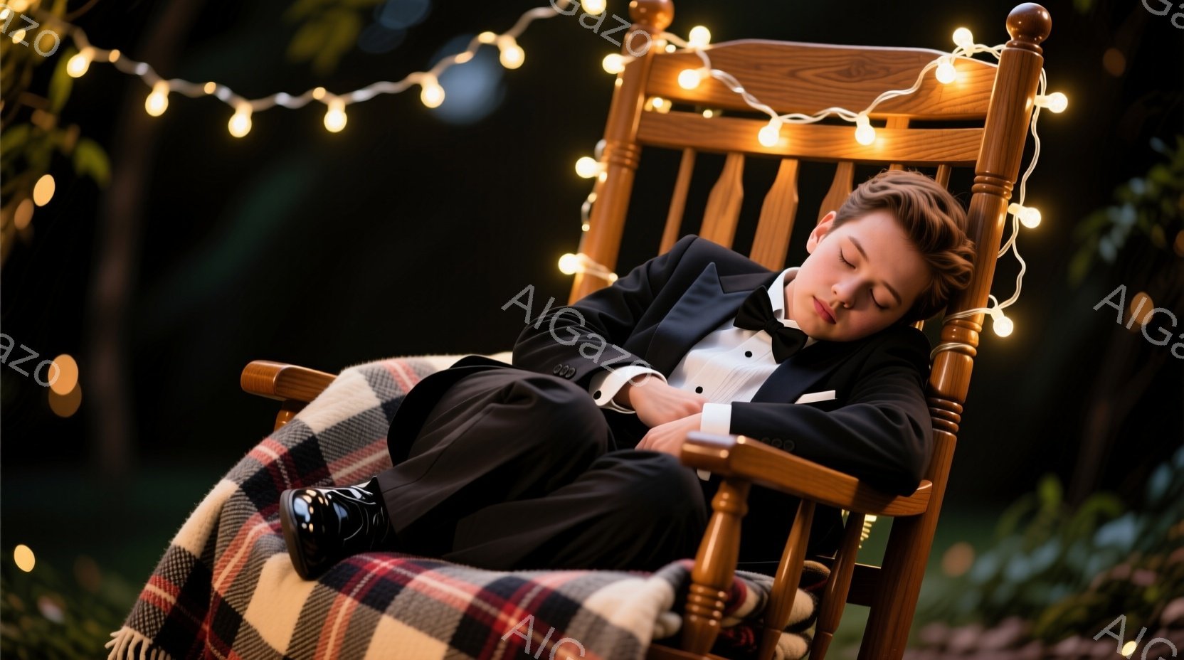 男の子は、黒いタキシード姿でロッキングチェアに横たわり、眠り込んでいます。彼は白いシャツと蝶ネクタイを着用し、足元には黒い靴が履かれています。背景には木々が生い茂り、暖色系のライトが散りばめられており、穏やかで幻想的な雰囲気を醸し出しています。