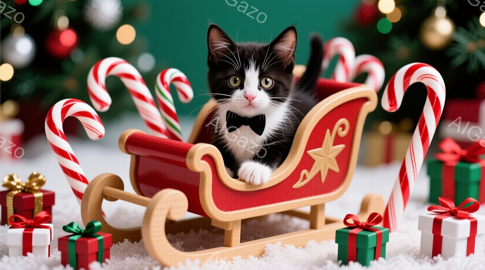 白と黒の毛並みを持つ子猫が、木製のそりに座っています。赤色の蝶ネクタイをつけ、少し困ったような表情を浮かべています。背景には、クリスマスツリーやプレゼントの箱、キャンディケーンが散りばめられ、雪が降る冬の温かい雰囲気を醸し出しています。