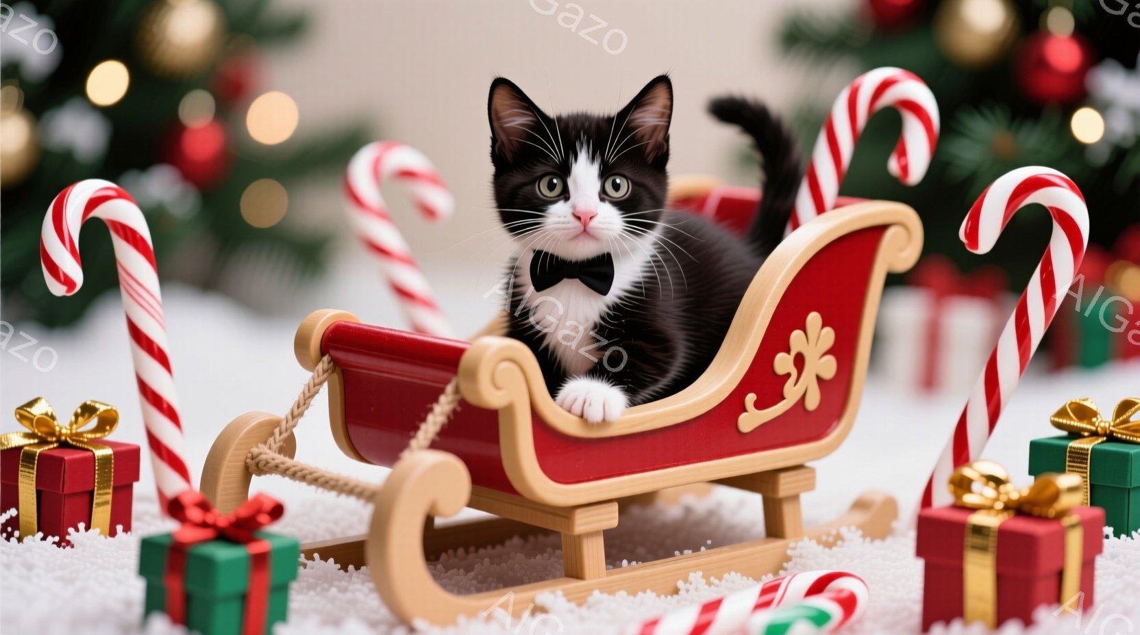 白と黒の縞模様の小さな子猫が、赤いそりに横たわってこちらを見ています。子猫は黒い蝶ネクタイをつけており、可愛らしい表情をしています。背景には、プレゼントの箱やキャンディケーン、そしてぼやけたクリスマス - AI生成フリー素材