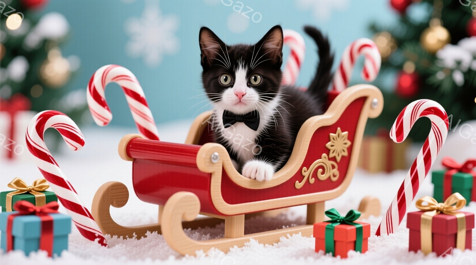 白と黒の猫が赤いそりに座っており、小さな蝶ネクタイをつけています。周囲にはキャンディケーンや緑色のリボンで飾られたプレゼントの箱が散りばめられ、背景にはぼやけたクリスマスツリーと雪景色が広がっています - AI生成フリー素材