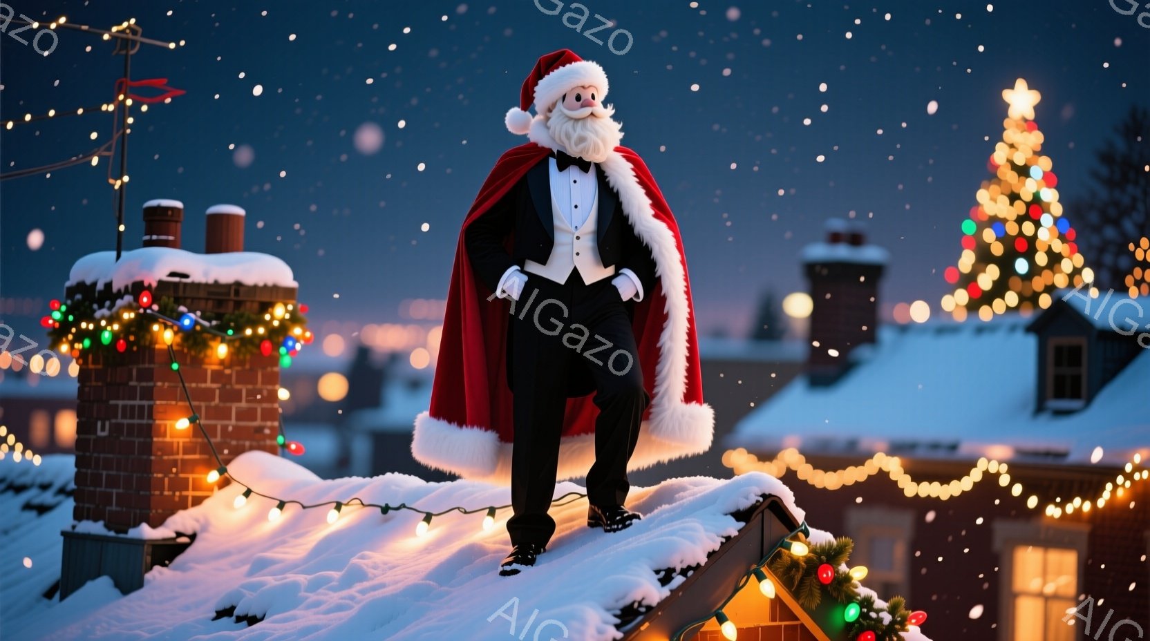 サンタクロースが雪の積もった屋根の上に立っており、赤いマントと黒いスーツ姿で、少し微笑んでいます。背景には、イルミネーションで飾られたレンガの煙突や、遠くに見える街並み、そして雪が降る夜空が広がっています。全体的に、クリスマスの温かく幻想的な雰囲気が漂っています。