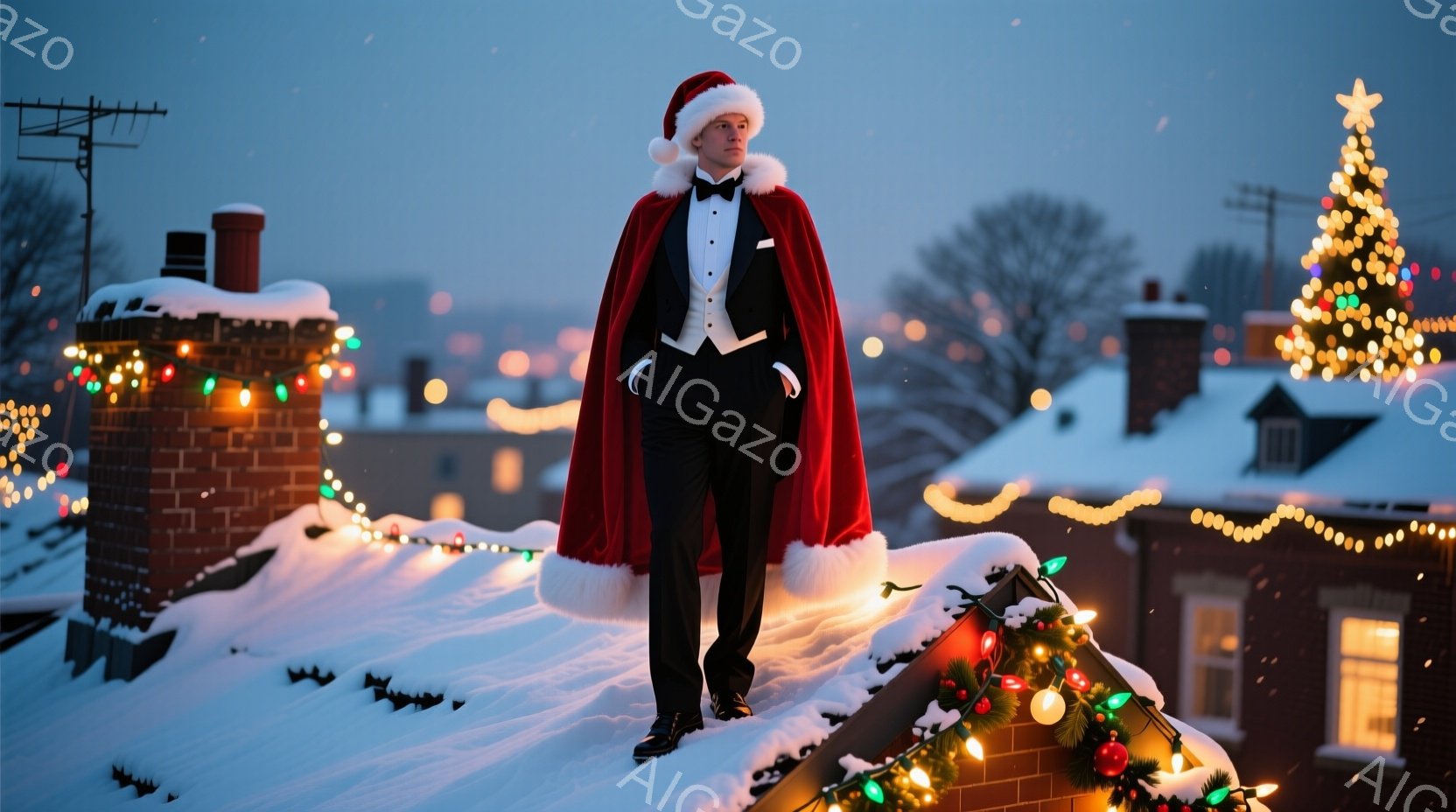 雪に覆われた屋根の上には、サンタクロース風の男性が立っている。彼は黒いタキシードに赤いマントと帽子を身に着け、自信に満ちた表情で遠くを見つめている。背景には、クリスマスツリーの飾り付けがされた建物や、 - AI生成フリー素材