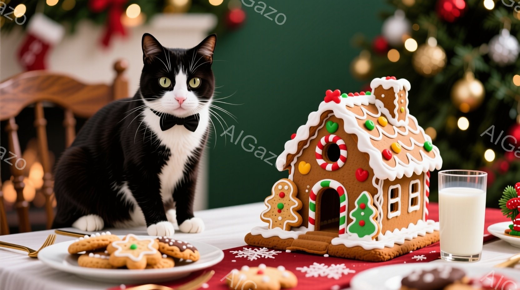 白と黒の猫が、クリスマスのジンジャーブレッドハウスとクッキーが置かれたテーブルの上に座っています。猫は蝶ネクタイを付けており、少し上目遣いでカメラを見つめています。背景には、装飾されたクリスマスツリー - AI生成フリー素材