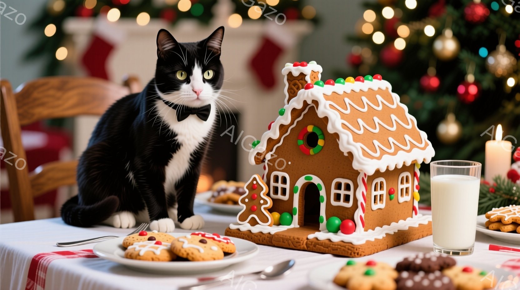 白と黒の猫が、クリスマスの食卓に座り、お洒落な蝶ネクタイを締めています。食卓にはジンジャーブレッドハウス、クッキー、牛乳が置かれ、背景にはクリスマスツリーがぼんやりと見えます。全体的に暖かく、お祝いム - AI生成フリー素材