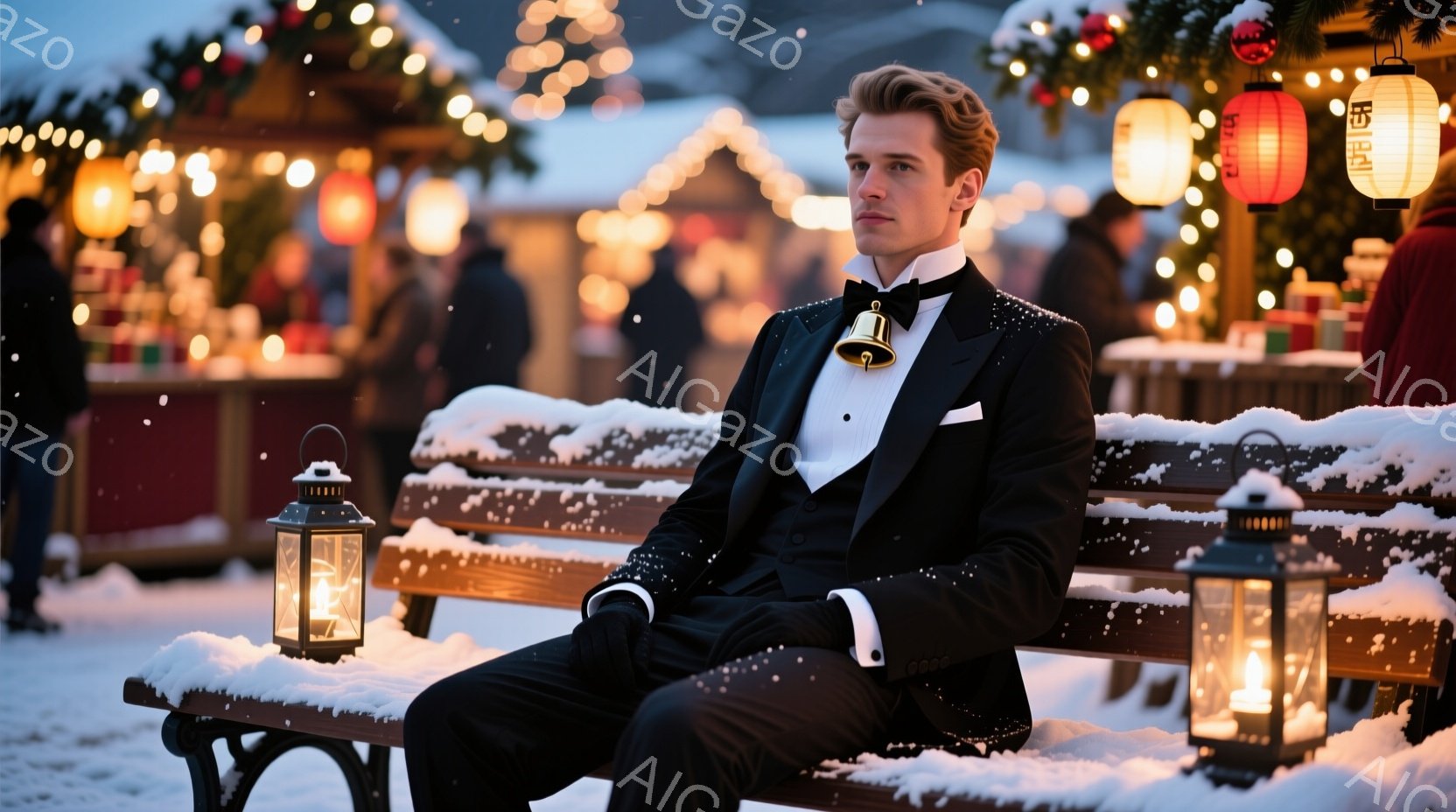 黒いタキシードに身を包み、白い蝶ネクタイがアクセントの男性が、雪に覆われたベンチに座っています。彼は少し憂いを帯びた表情で遠くを見つめており、冬の寒さが感じられます。背景には、クリスマスの装飾が施され - AI生成フリー素材