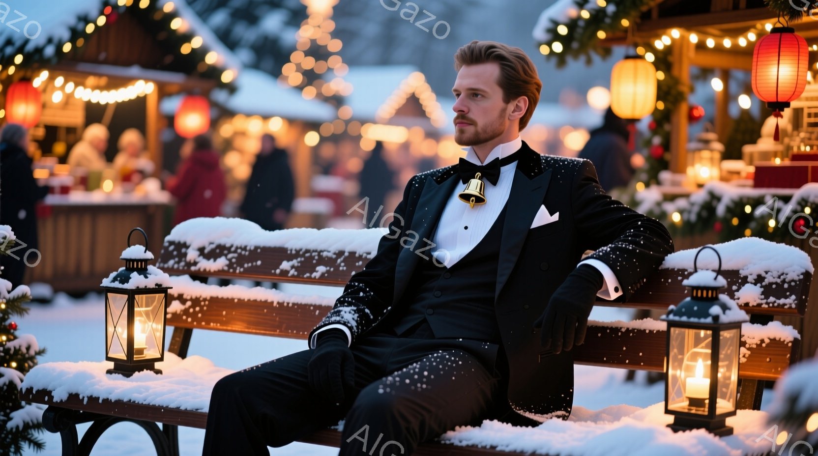 黒いスーツに蝶ネクタイを締め、手袋を着用した男性が雪に覆われたベンチに座っている。彼は少し横を向き、思慮深い表情を浮かべている。背景にはクリスマスマーケットのような賑やかな風景が広がり、雪が舞う中で暖かい光が灯っている。