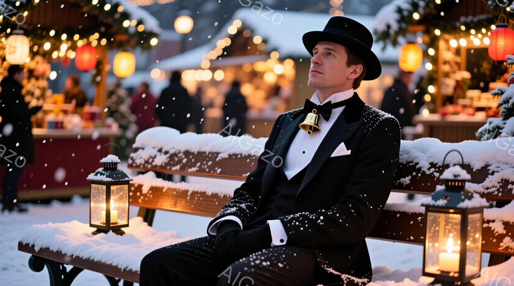 雪が舞うクリスマスの背景で、黒い燕尾服、白いシャツ、蝶ネクタイを身につけた男性がベンチに座っている。彼は黒い手袋を着用し、少し上を見つめ、物憂げな表情をしている。背景には、ライトアップされた建物、クリ - AI生成フリー素材
