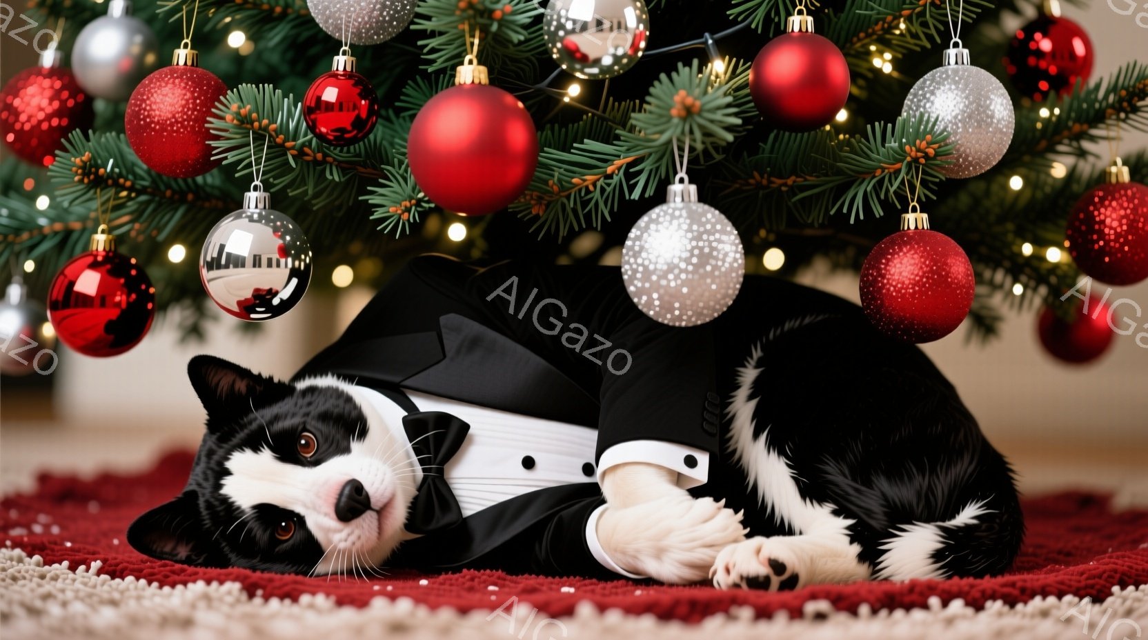 白と黒の猫が、黒のタキシードと蝶ネクタイを着て、赤いカーペットの上に横たわっています。背景には、赤と銀のオーナメントで飾られたクリスマスツリーがあり、お祝いの雰囲気です。猫はリラックスした様子で目を閉 - AI生成フリー素材
