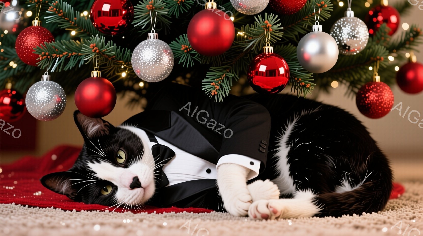 白と黒の猫がタキシードを着て、赤いカーペットの上で横たわっています。背景にはクリスマスツリーがあり、赤と銀のオーナメントで飾られています。猫はリラックスした表情で、少し眠そうな様子です。