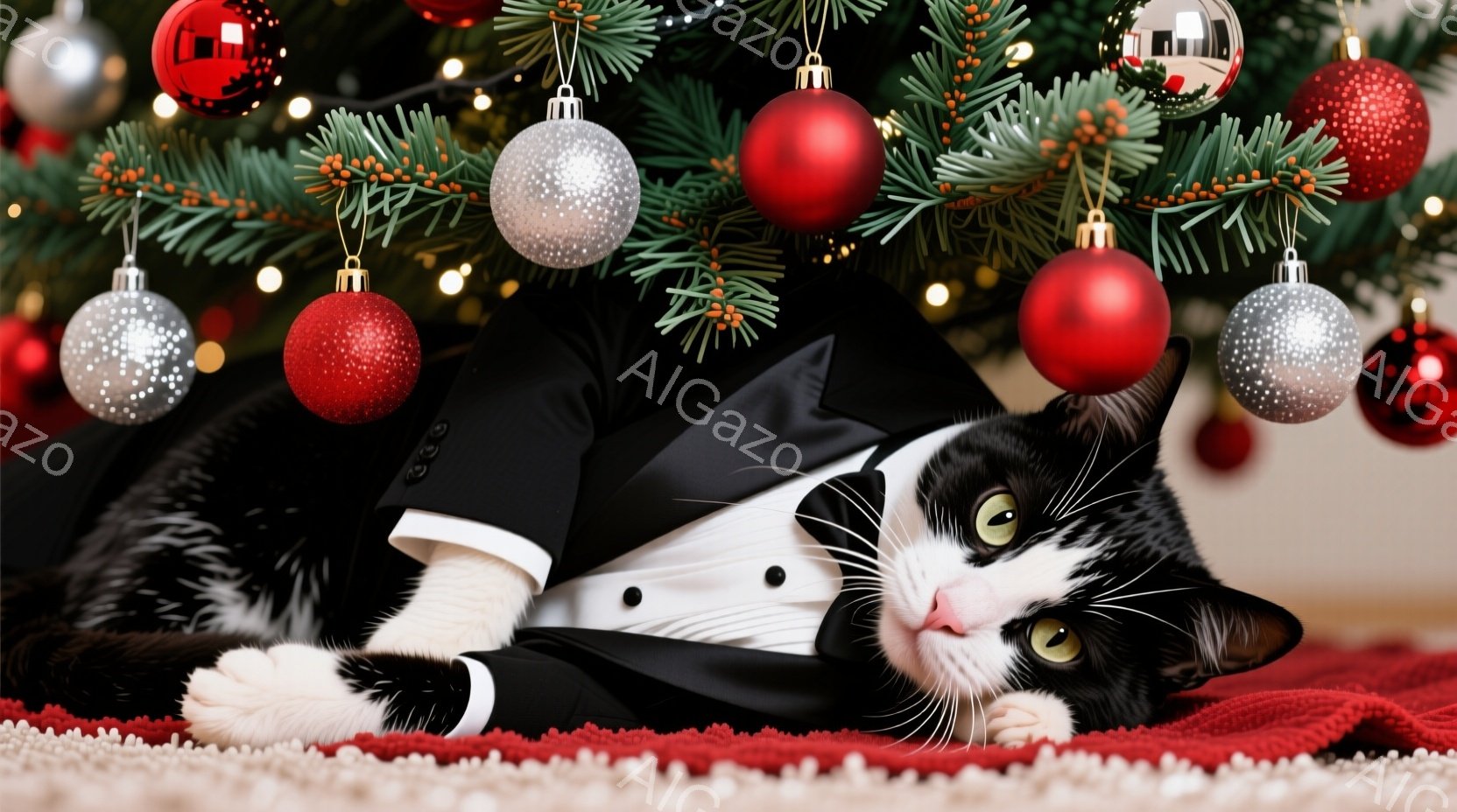 白黒の猫が、黒いタキシードを着て、赤い敷物の上に横たわっています。猫は片方の前足を顔の下に置き、リラックスした表情でカメラを見つめています。背景には、クリスマスツリーの緑の葉と、赤と銀のオーナメントが - AI生成フリー素材