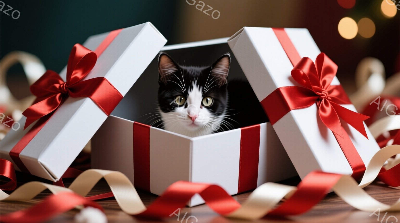 白地に赤いリボンが飾られたギフトボックスの中に、白と黒の猫が顔を覗かせています。猫は緑色の目をしており、どこかいたずらっぽい表情を浮かべています。背景には、赤いリボンや他のギフトボックスの一部が見え、お祝いムードを醸し出しています。