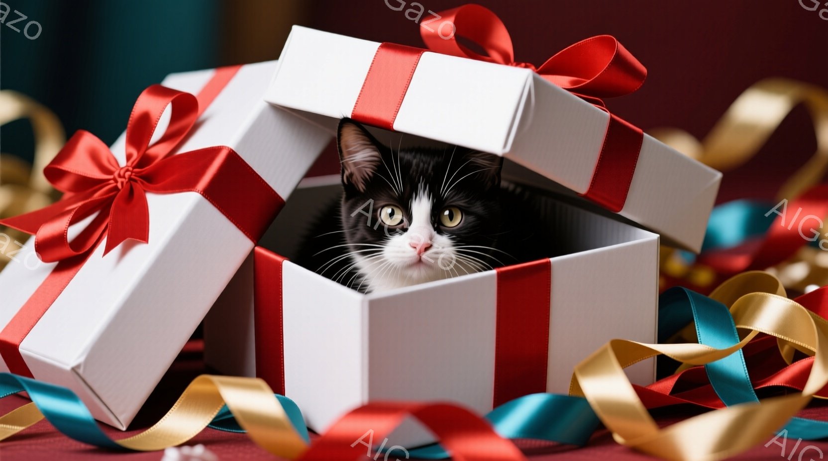 白地に赤いリボンで飾られたギフトボックスの中に、白と黒の猫が顔を出しています。猫は好奇心と少しの戸惑いを見せる表情で、大きな緑色の目とピンクの鼻で愛らしい様子を見せています。ボックスの周りには、鮮やか - AI生成フリー素材