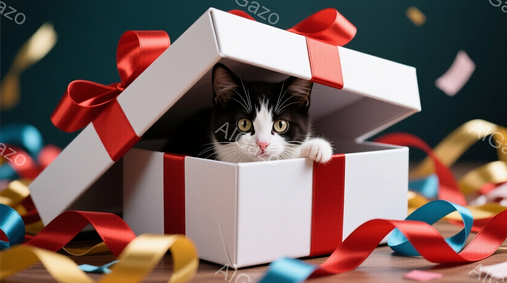 白黒の小さな子猫が赤いリボンで飾られた白いギフトボックスの中から顔を出しています。子猫は好奇心旺盛な表情で、片方の前足を箱の縁につけています。背景には、金や青色の紙吹雪が散らばり、木製のテーブルの上に - AI生成フリー素材