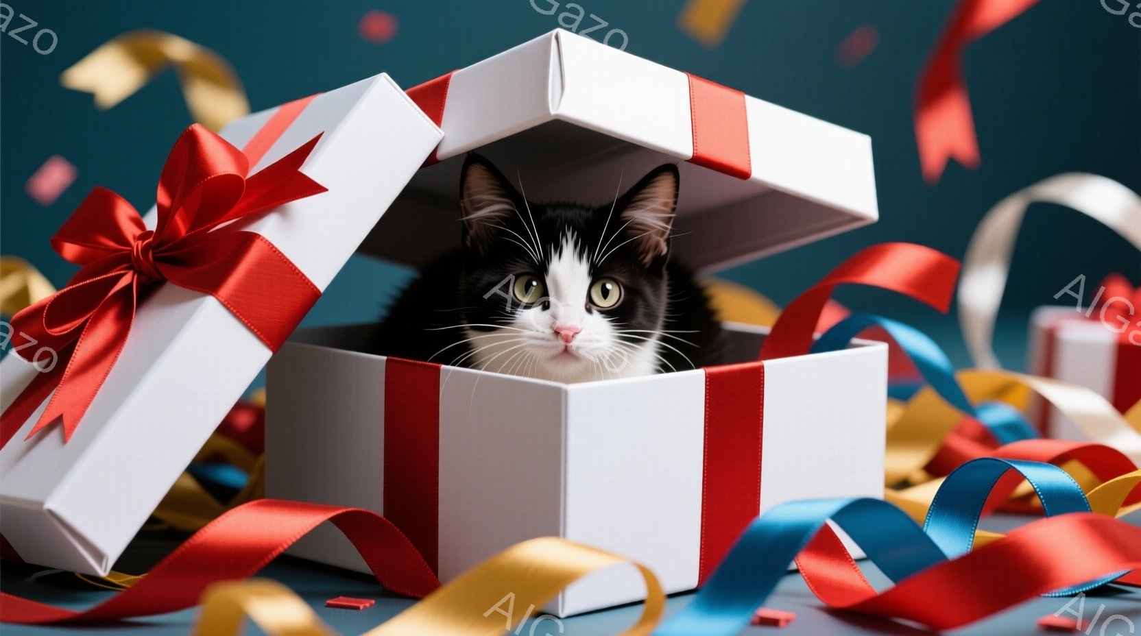 白地に赤いリボンが付いた開いたギフトボックスの中に、黒と白の猫が顔を出しています。猫は好奇心旺盛な表情でカメラを見つめており、リラックスした姿勢で箱の中に座っています。背景には、赤、青、黄色のカラフル - AI生成フリー素材