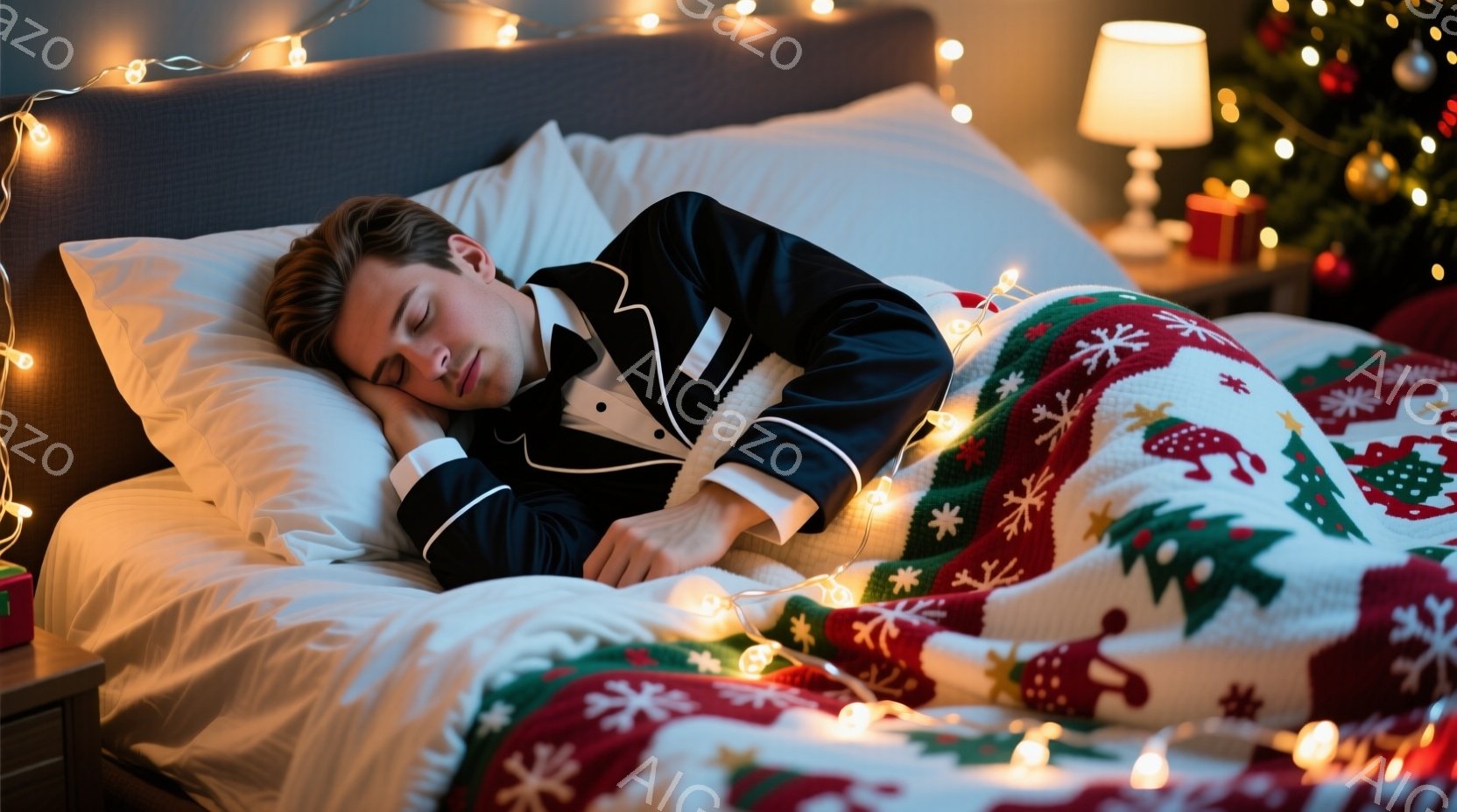 一人の男性がベッドで眠っています。彼はクリスマス柄のパジャマを着ており、顔はリラックスしています。背景にはクリスマスツリーと、温かい光のイルミネーションがあり、心地よい休日の雰囲気を醸し出しています。 - AI生成フリー素材