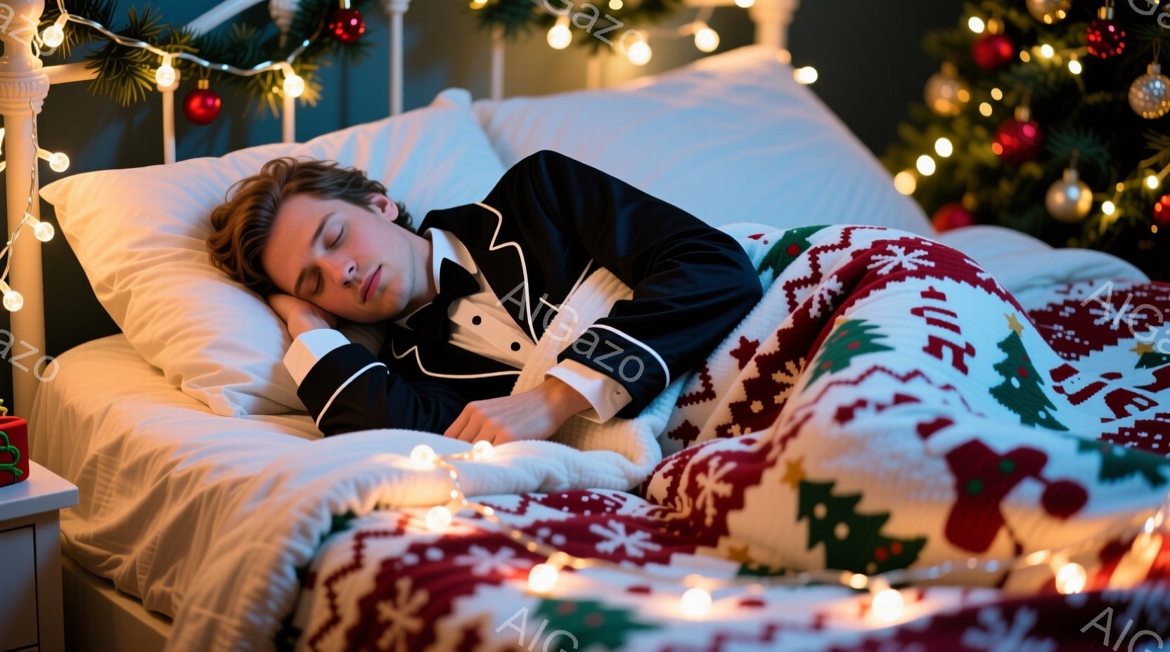 若い男性がベッドで眠っており、赤いクリスマス柄のブランケットに包まれています。彼は黒いパジャマを着ており、ブロンドの髪は少し乱れています。背景にはクリスマスツリーと光るイルミネーションがあり、暖かく居 - AI生成フリー素材