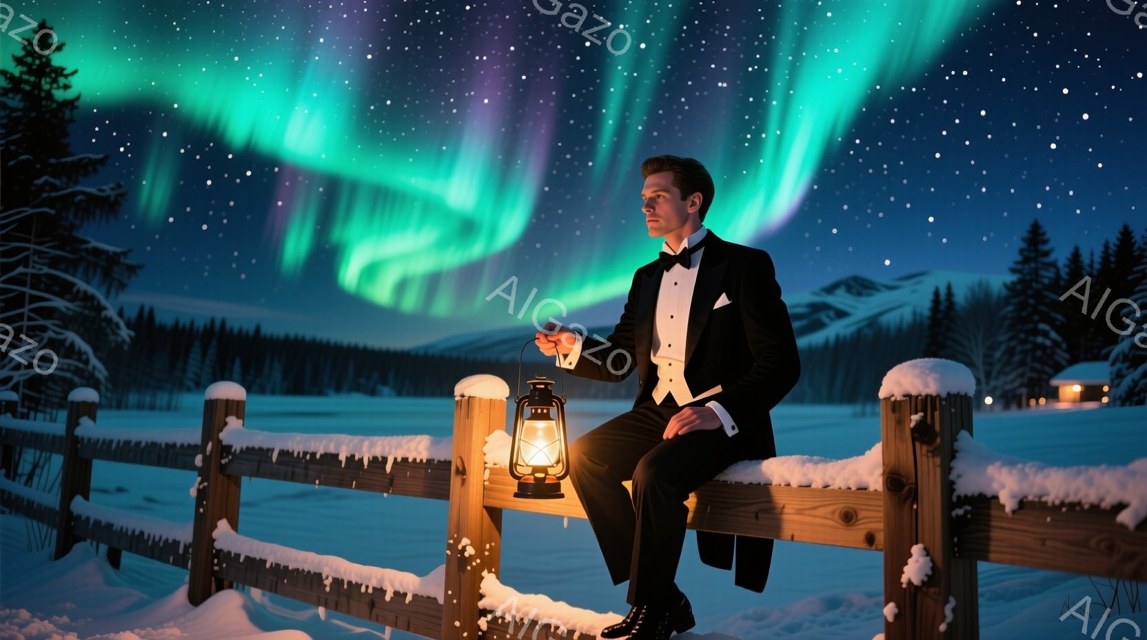 男は雪に覆われた柵の上に座り、フォーマルな燕尾服を着ています。彼は片手に古いランタンを持ち、遠くのオーロラを見つめています。背景には雪に覆われた木々や、かすかに見える建物があり、幻想的な冬の夜の雰囲気 - AI生成フリー素材