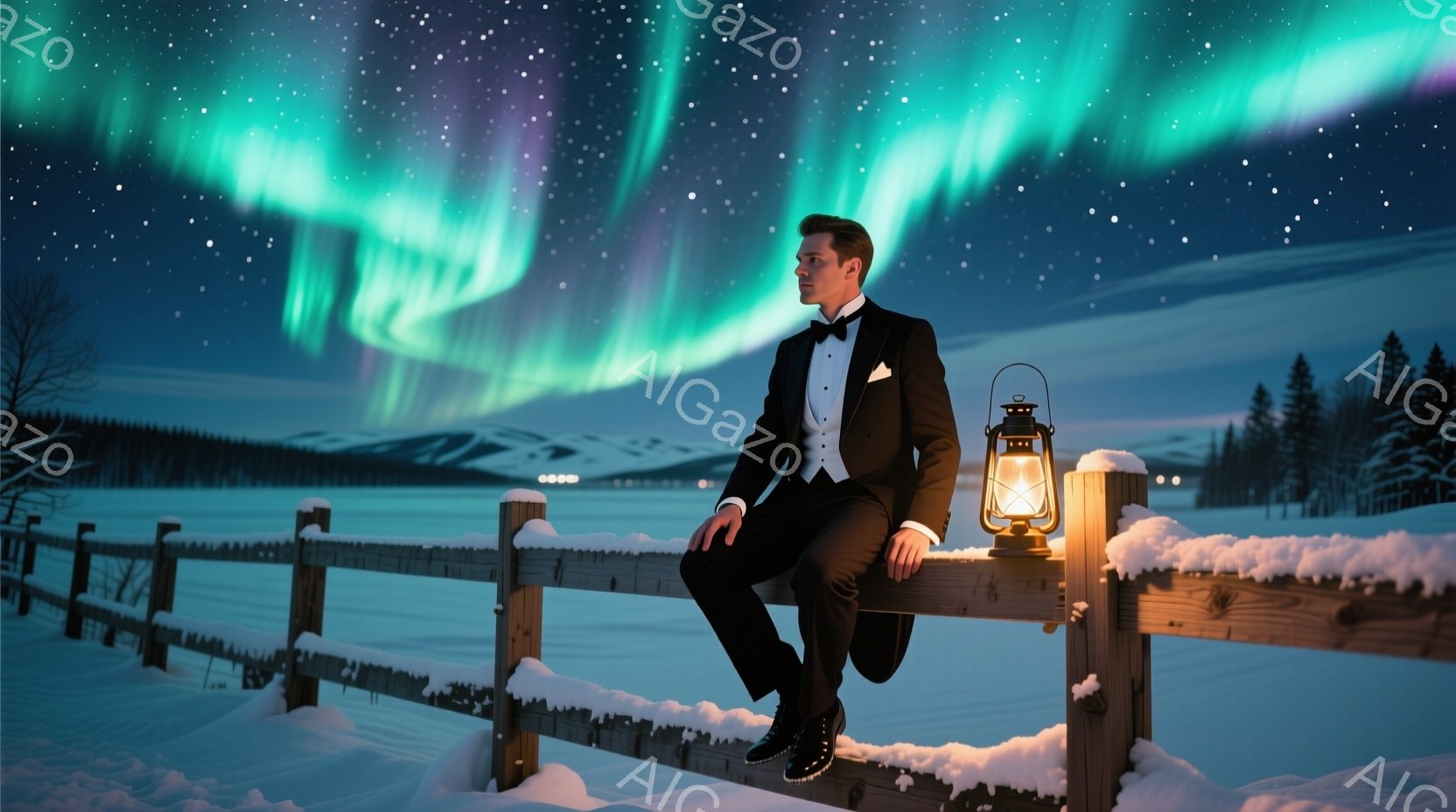 雪景色の中に立つタキシード姿の男性が写っている。彼は柵の上に片足を乗せ、リラックスした姿勢で遠くを見つめている。背景には、オーロラが輝き、雪に覆われた平原と針葉樹林が広がり、幻想的で静寂な雰囲気を醸し - AI生成フリー素材
