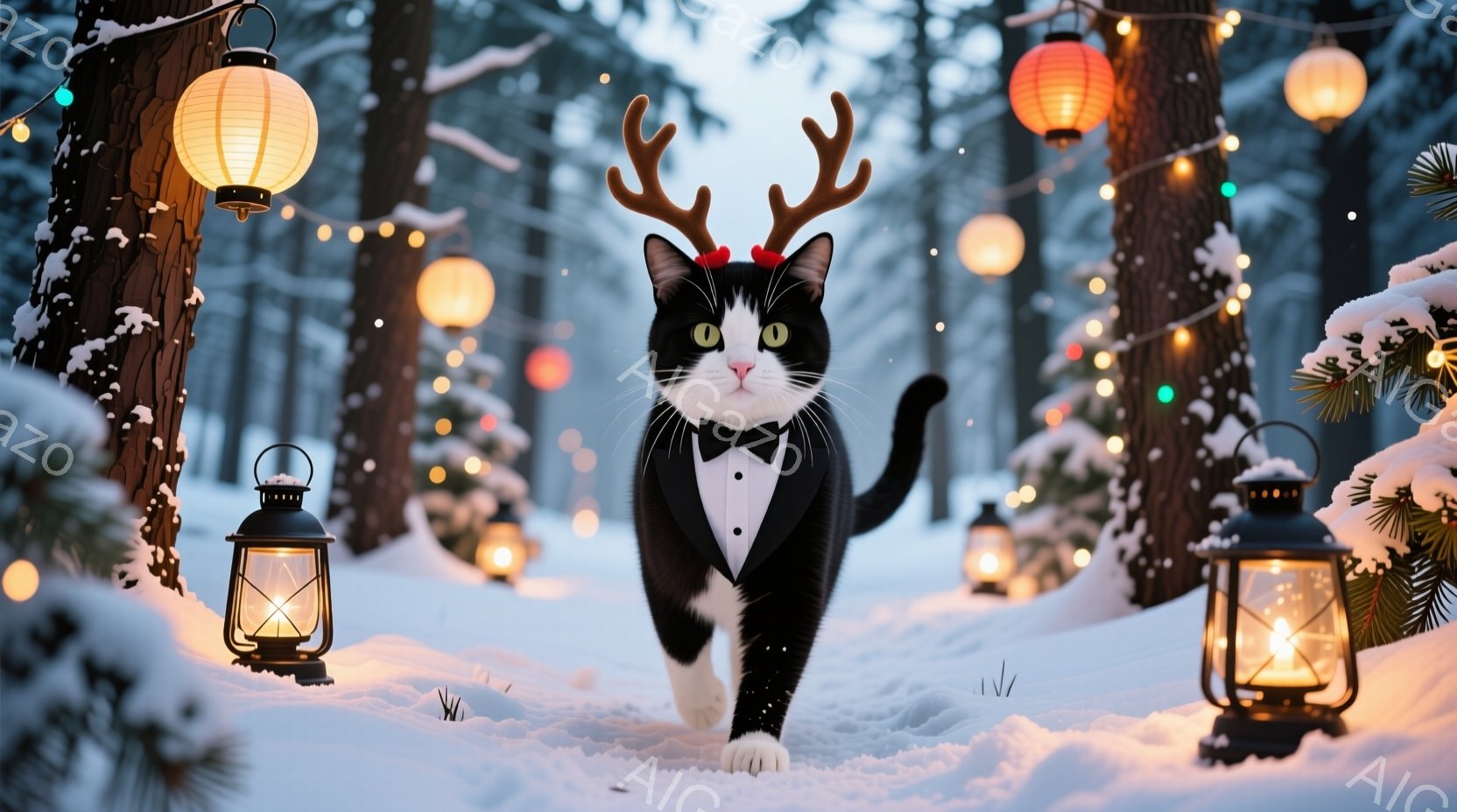 白と黒の猫が、トナカイの角と蝶ネクタイをつけ、雪の中を堂々と歩いている。背景には雪に覆われた木々と、暖かく光るランタンが並び、幻想的な雰囲気を醸し出している。全体的に温かく、お祝いムードにあふれた冬の - AI生成フリー素材