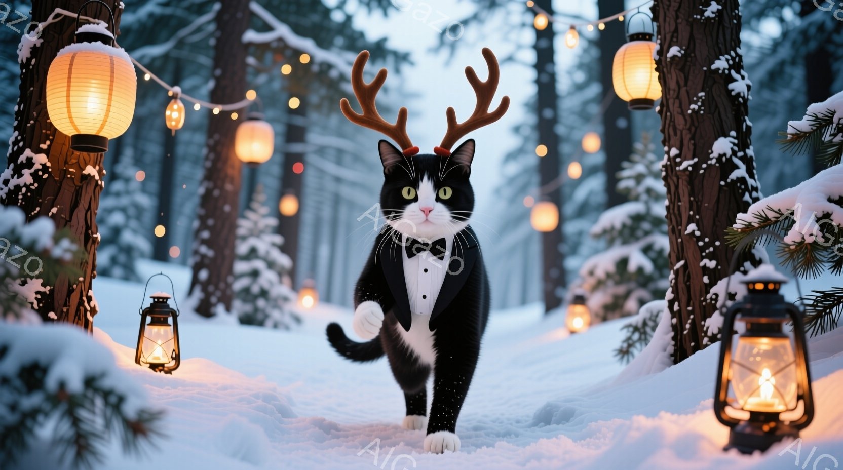 白と黒の猫が、角の飾りと蝶ネクタイをつけて雪の中を歩いている。背景には雪に覆われた木々と、温かい光を放つランタンが並び、冬の幻想的な雰囲気を醸し出している。猫は前方をまっすぐ見つめ、少しユーモラスでありながらも上品な印象を与える。