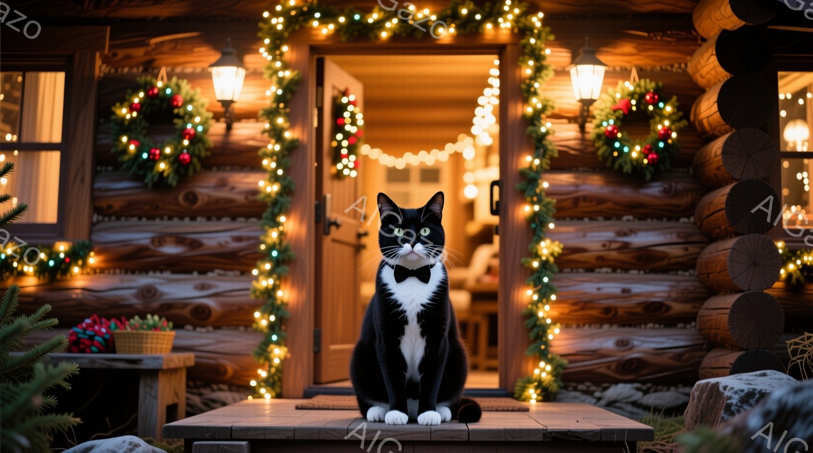 白と黒の猫が、クリスマス装飾が施された木の家の玄関前に座っています。黒い蝶ネクタイをつけ、正面を見据え、少し誇らしげな表情をしています。背景には、輝く電飾やクリスマスリース、そして雪景色が広がり、温か - AI生成フリー素材