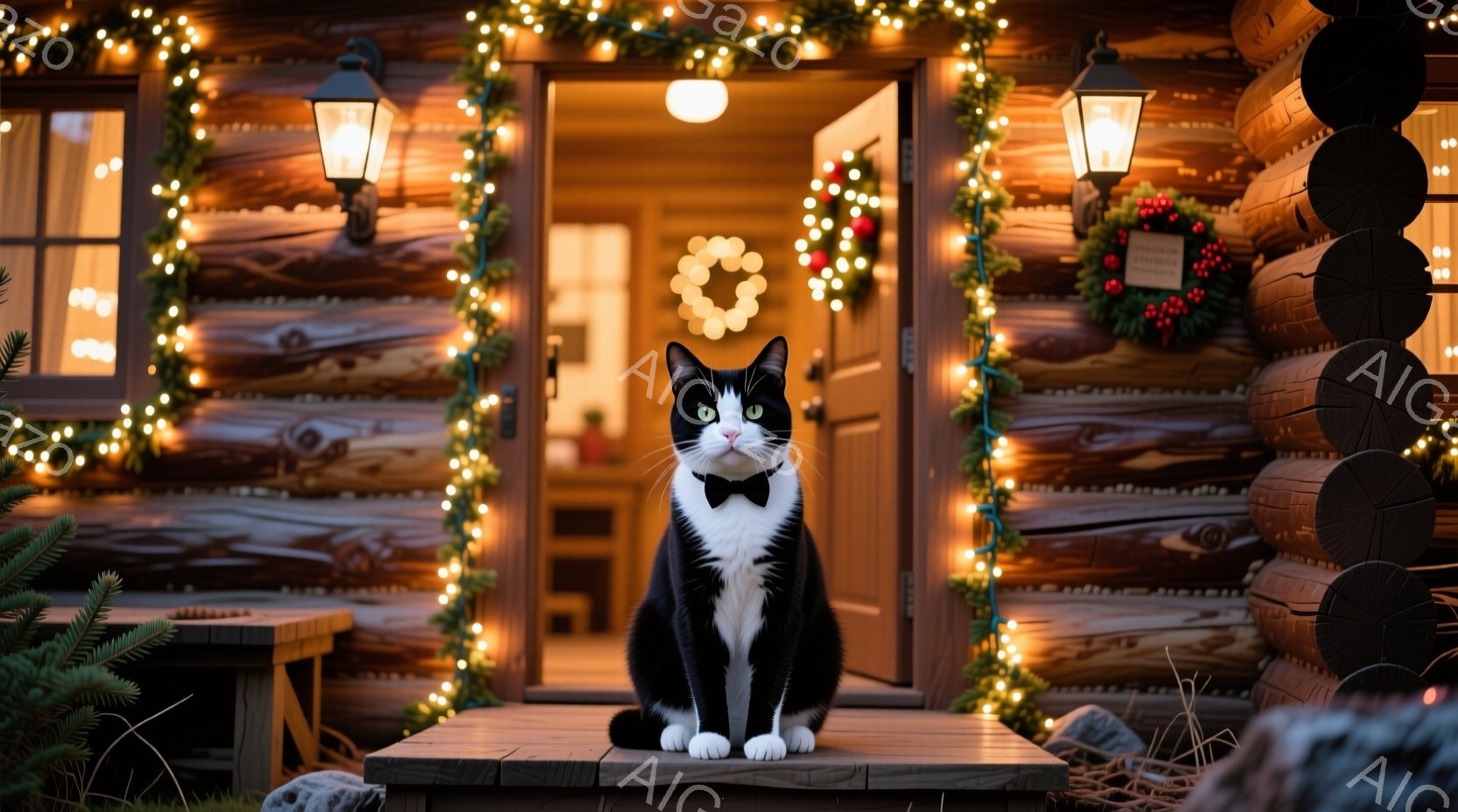 白と黒の猫が、クリスマスの飾り付けがされたログハウスの前に座っています。黒い蝶ネクタイを着用し、正面を見て少し困ったような表情をしています。背景には、キラキラと光る電飾、クリスマスリース、そして冬の自然が広がっており、温かく、お祝いムード満載の雰囲気です。