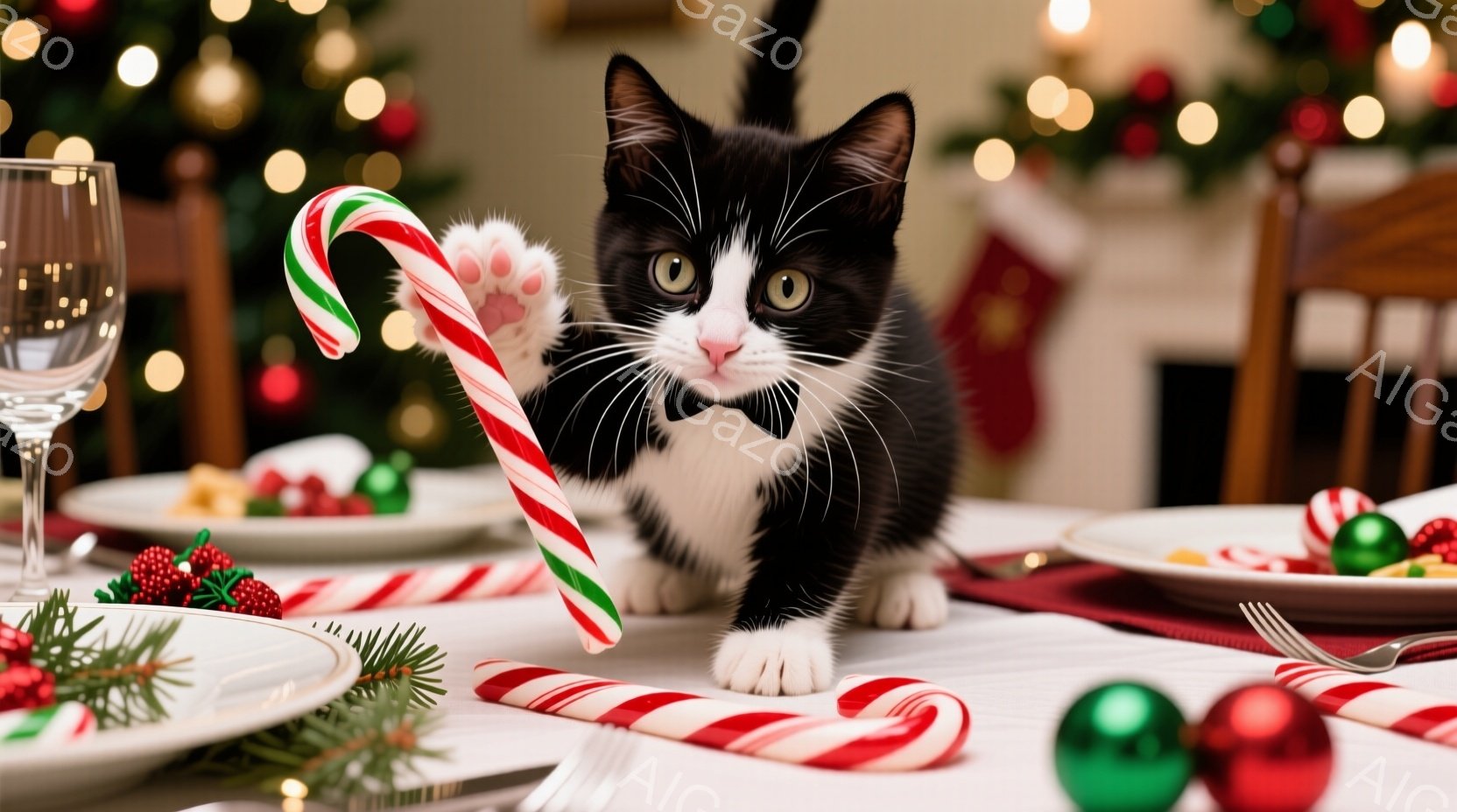 白黒の猫が、クリスマスを意識した食卓の上で、片方の前足でペパーミントキャンディを掴んでいます。背景にはぼやけたクリスマスツリーと装飾が映り、テーブルには食器や他のキャンディが置かれ、温かくお祝いムードが漂っています。猫は正面を見ており、好奇心と遊び心のある表情をしています。