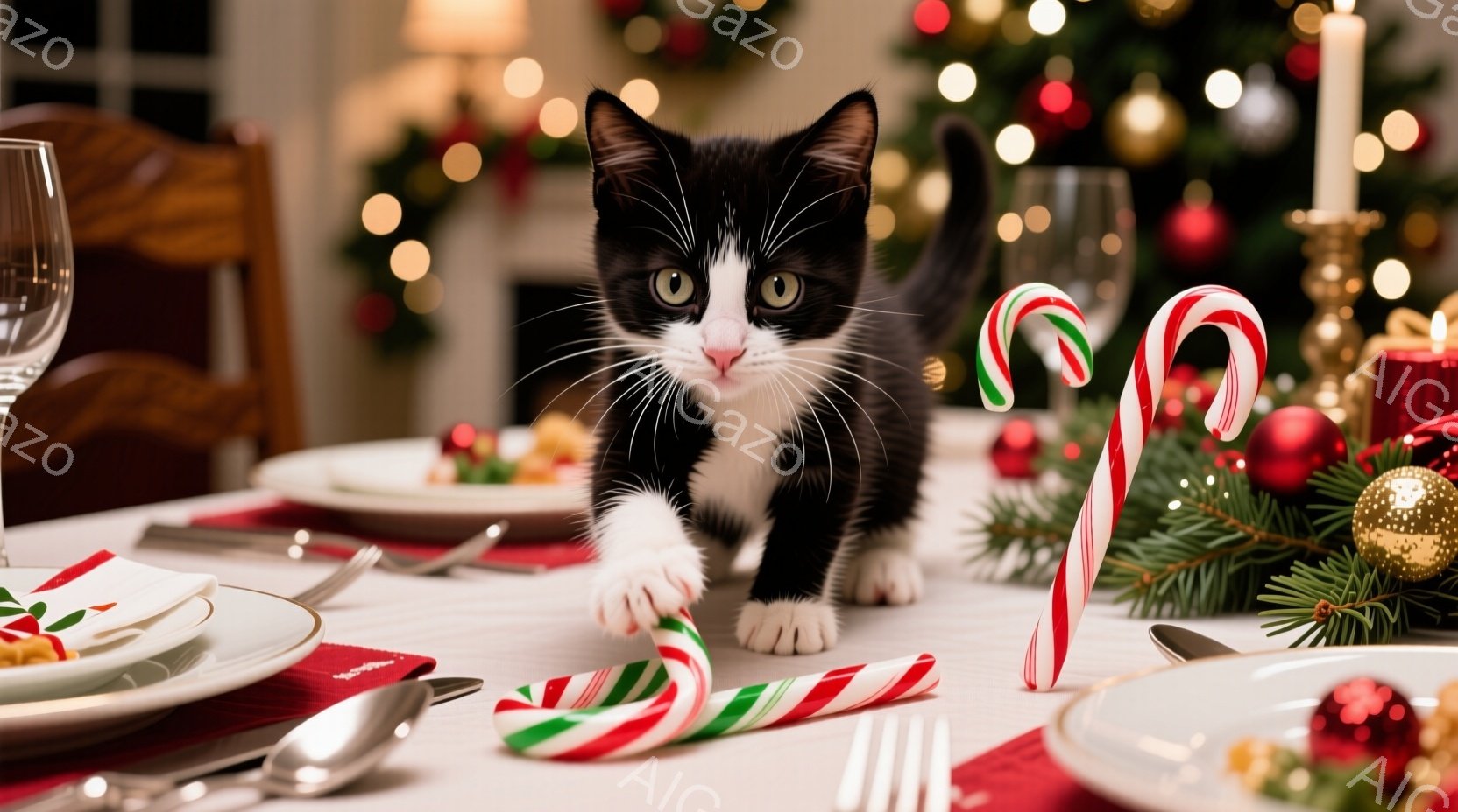白と黒の小さな子猫が、クリスマスの飾り付けがされたダイニングテーブルの上で、ペパーミントキャンディを前足で軽く押して遊んでいます。テーブルには、料理が盛られたお皿やカトラリーが置かれ、背景にはクリスマスツリーのぼやけた光が輝いています。全体的に暖かく、遊び心のあるクリスマスの雰囲気が漂っています。